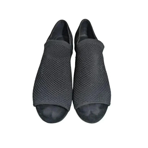 Eileen Fisher Wink Black Knit Open Toe Heels Size 6.5 Stretch Mesh Black Suede - Picture 3 of 9